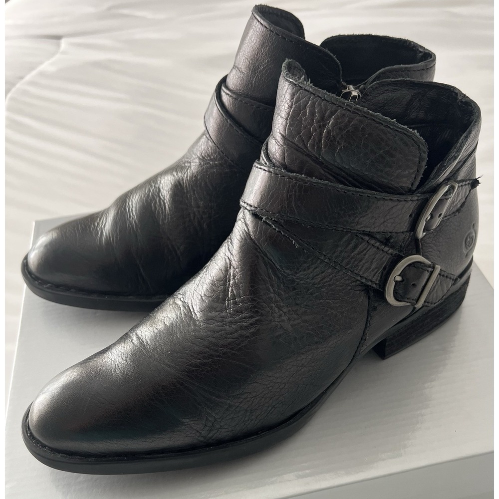 Born Ozark Black Leather Ankle Boots Women 7.5 Opanka Zipper Moto Strap Cowgirl